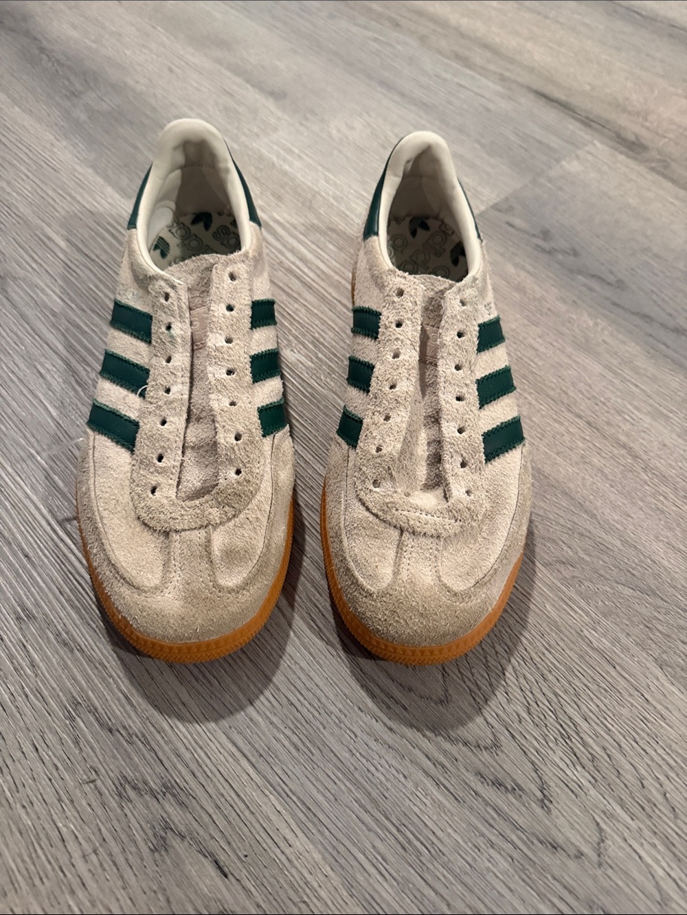 adidas Suede Sneakers in Cream with Green Stripes